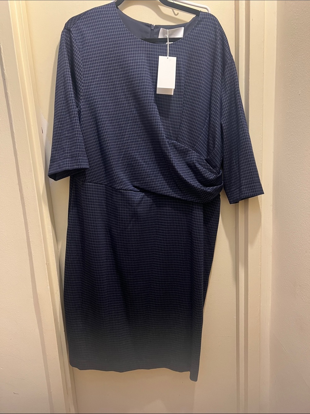Boss Navy Textured Midi Dress with Draped Waist